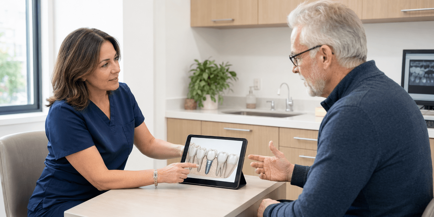 Dentist discussing dental implant treatment planning with an adult patient using a digital implant illustration.