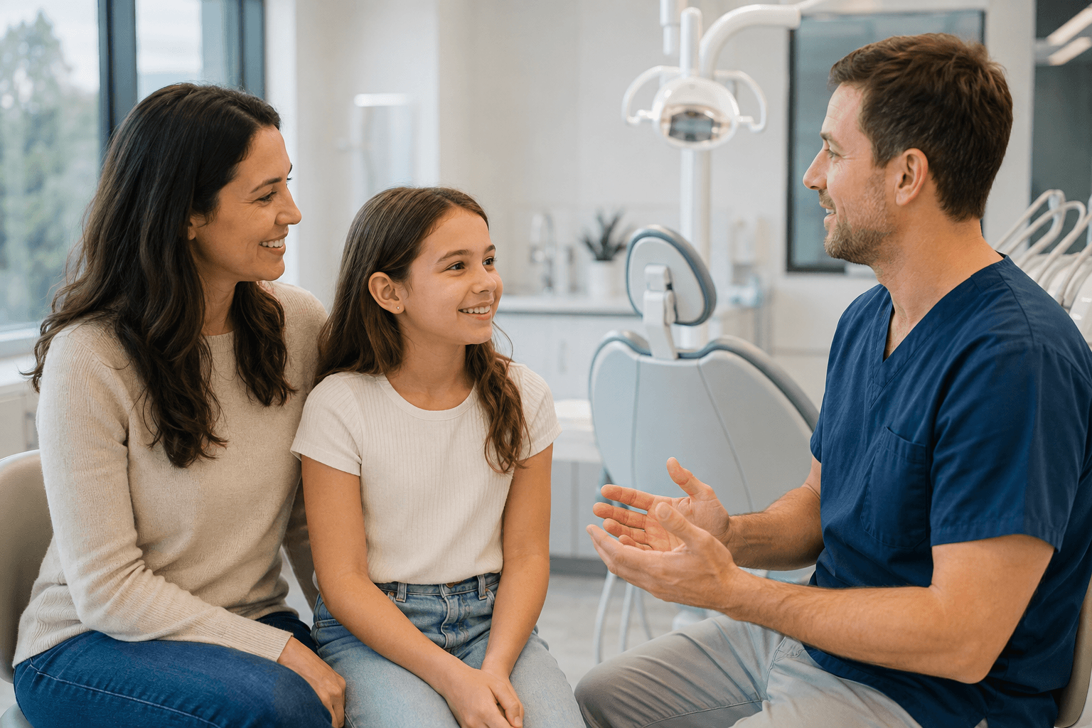 Parent and child speaking with a dental professional during a family dental care consultation.