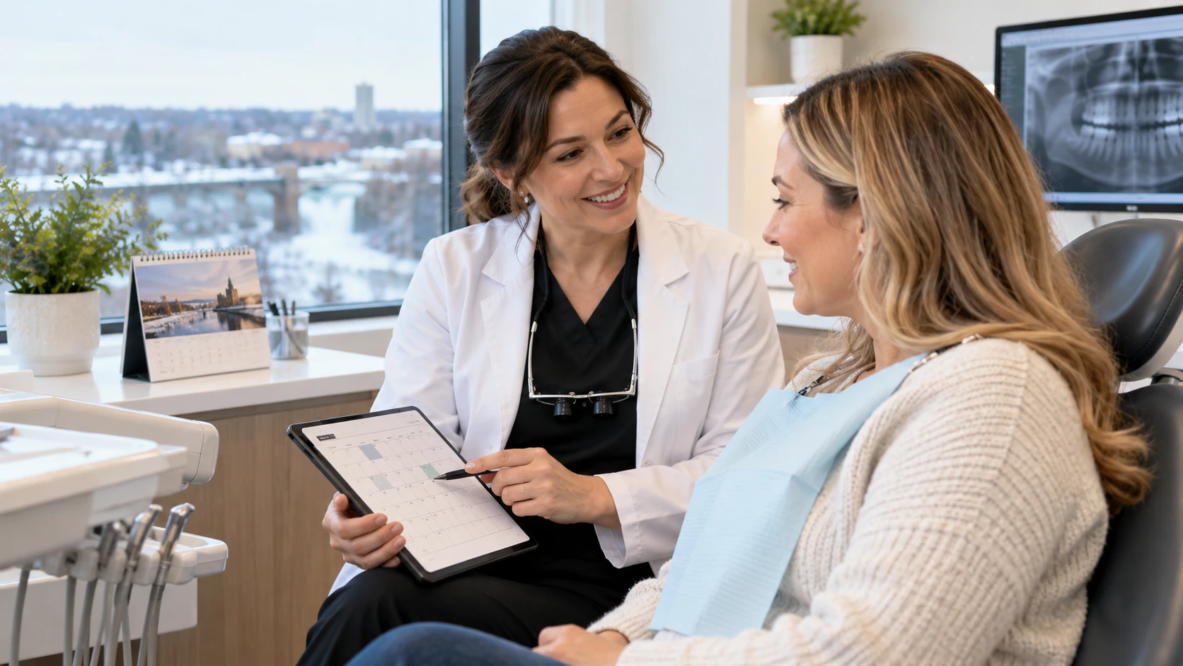 Plan Your Dental Care Before Year-End | Pavilion Dentistry Dentist reviewing an appointment calendar on a tablet with a patient in a dental chair.